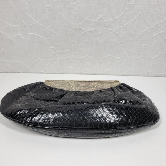 Vintage Snakeskin Clutch Purse Womens Cream Black Snap Closure Crossbody Strap - Picture 7 of 10